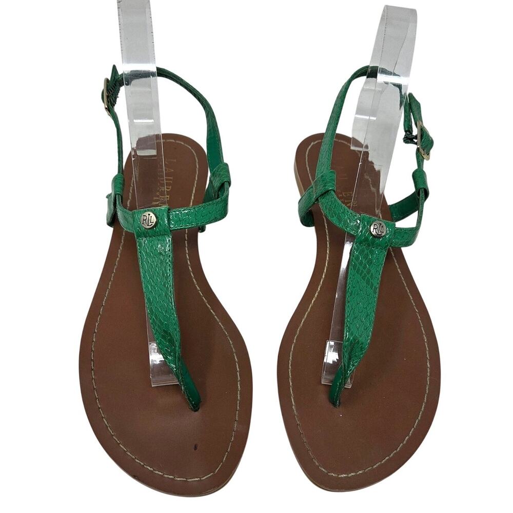 Lauren Ralph Lauren Green Snakeskin Leather Slingback T-Strap Thong Sandals 8 B